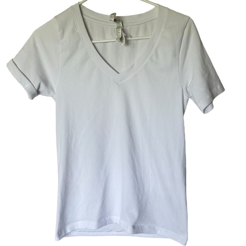Athleta Renew White Vneck Ribbed Short Sleeve Athletic Shirt Top small